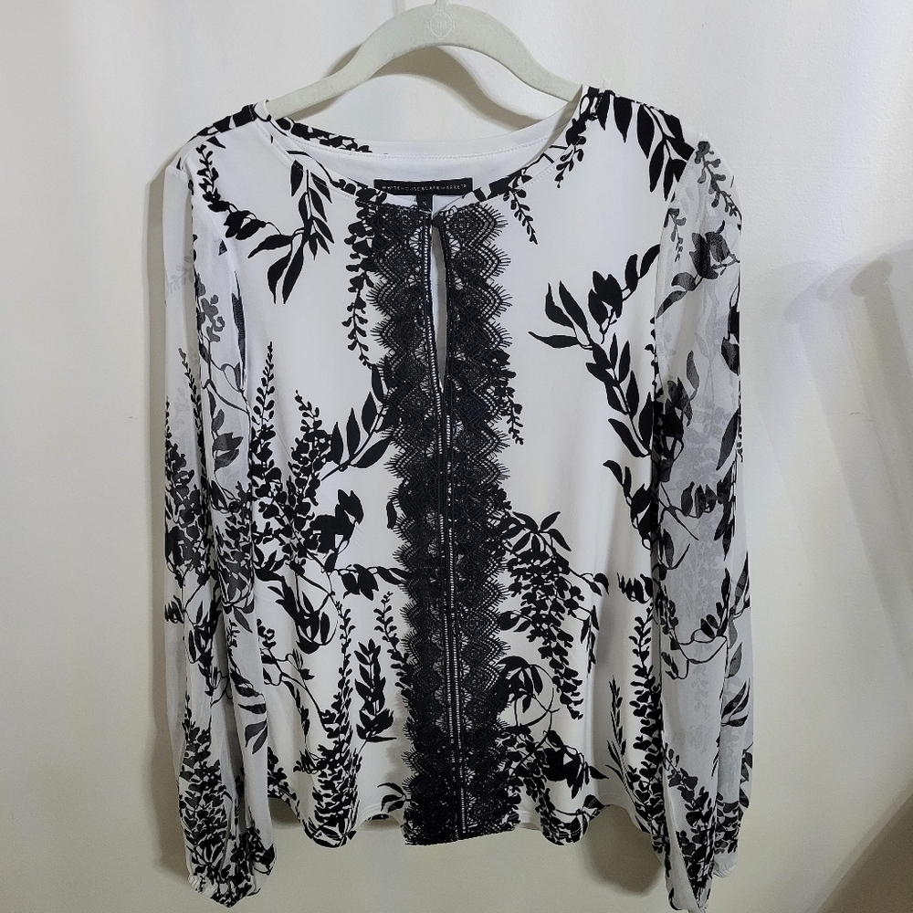 White House Black Market Floral Blouse Sheer Sleeves, Size S